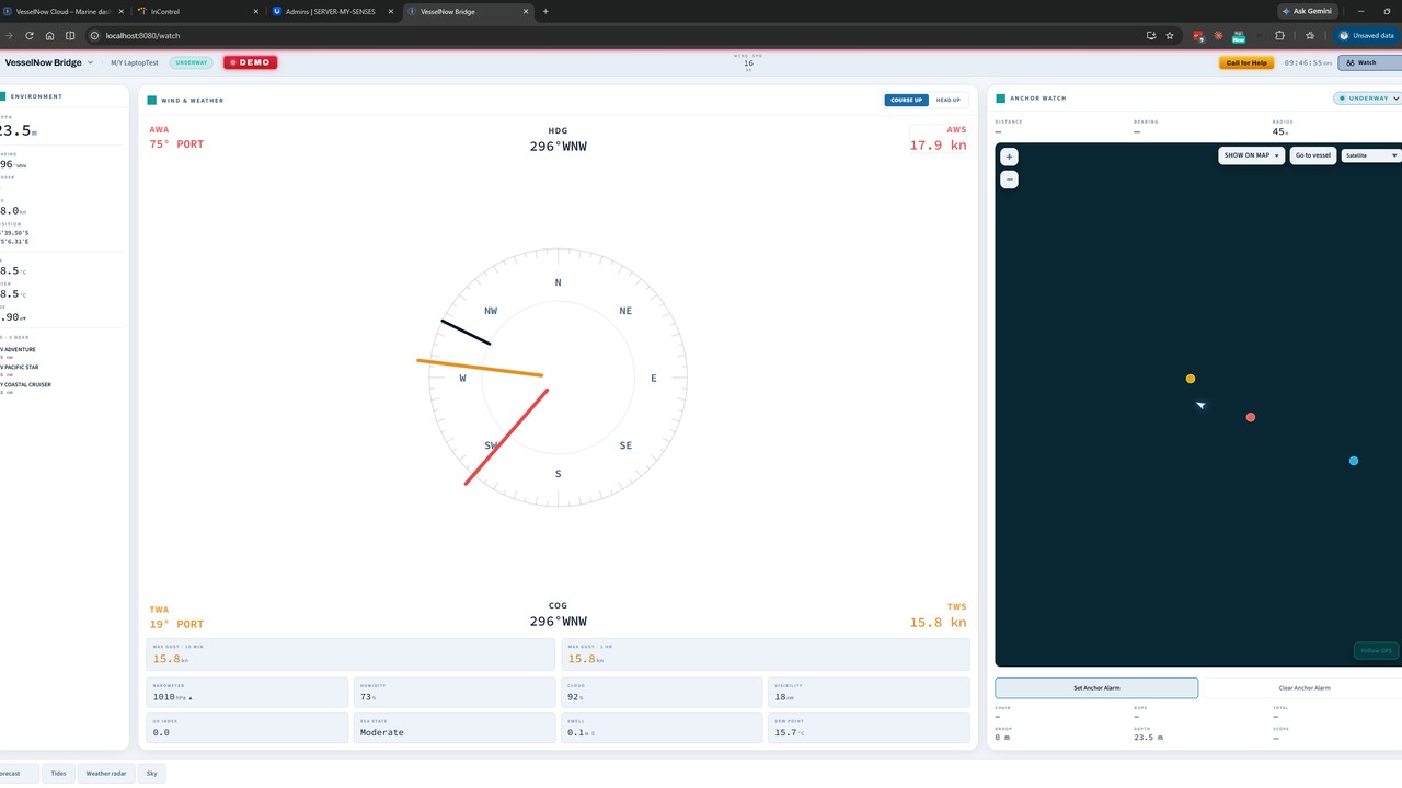 Bridge watch screen: wind, instruments and anchor (demo)