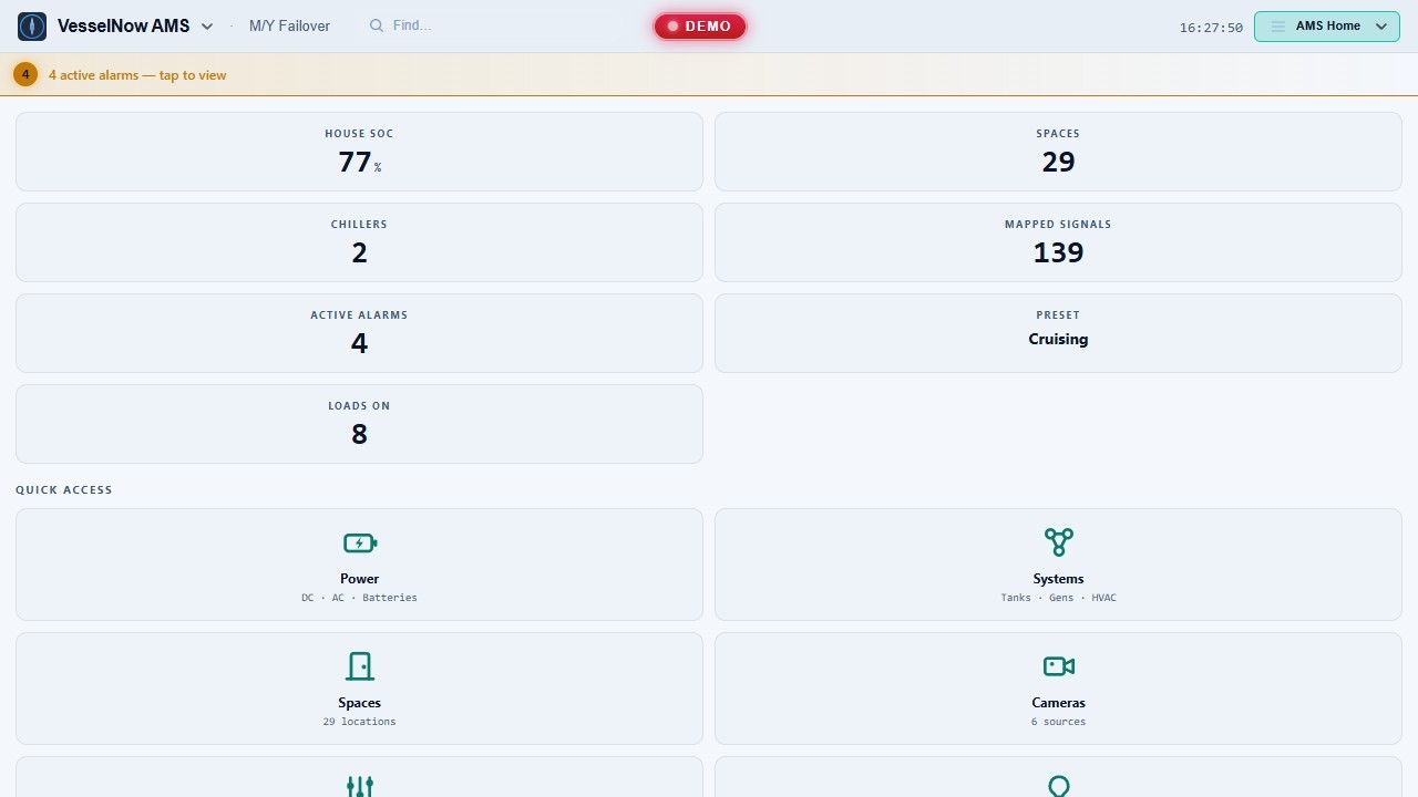 AMS home screen: power and systems (demo)